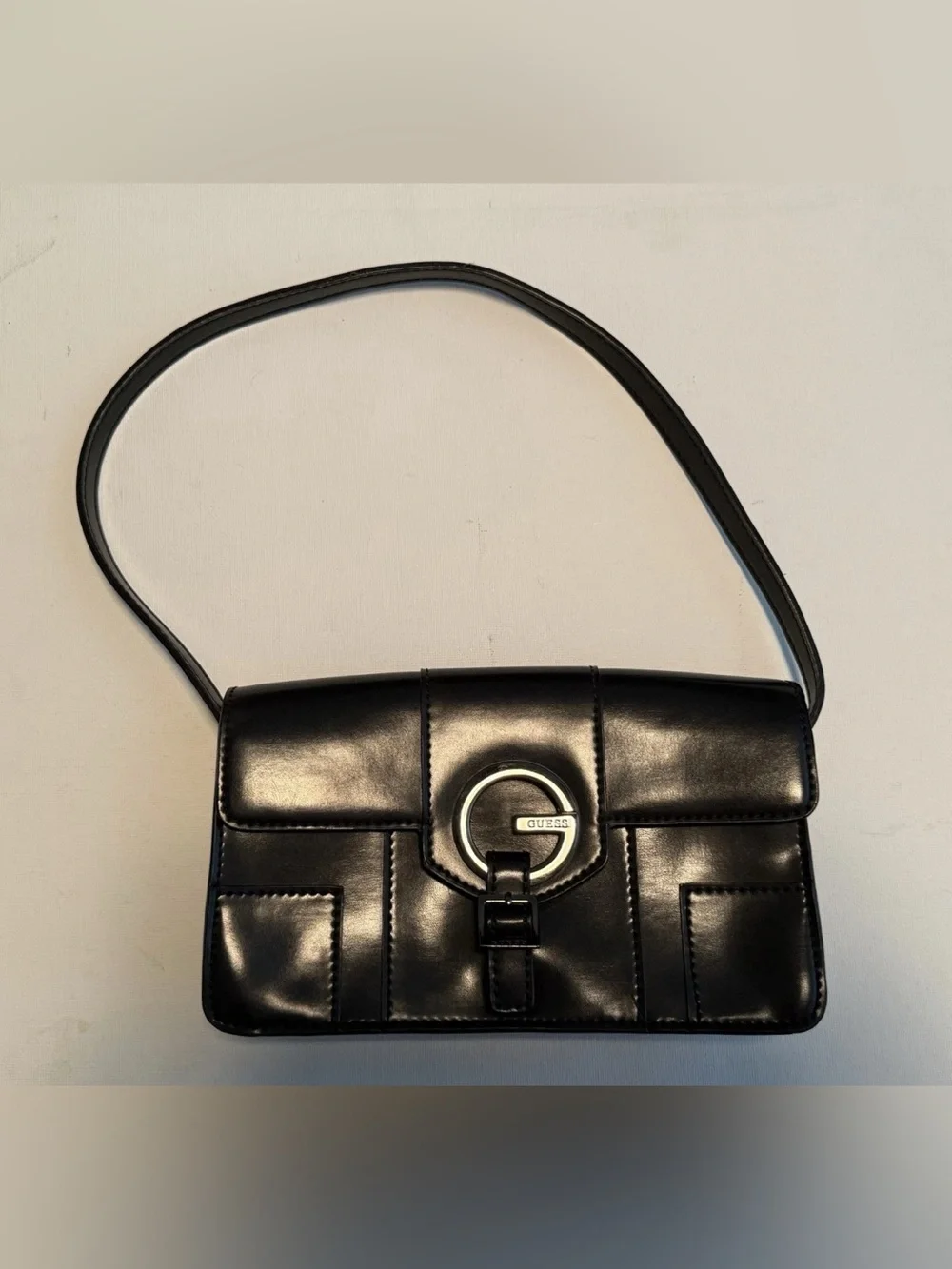 Vintage GUESS Black Shoulder Bag G Logo Buckle Envelope Baguette Y2K Mini Purse